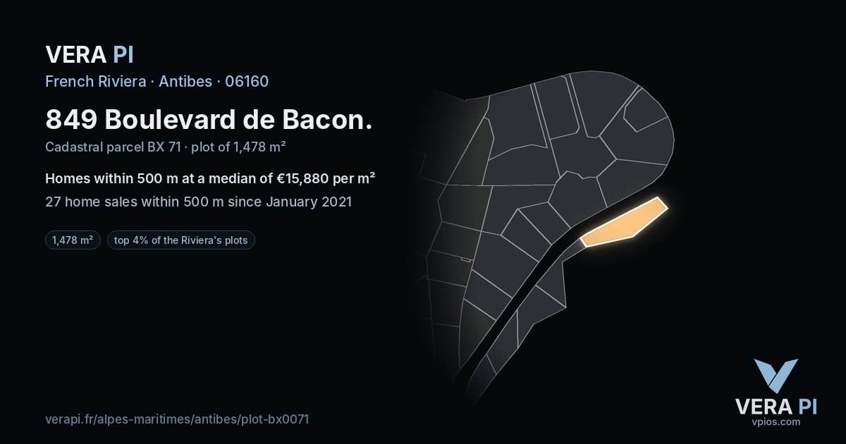 849 Boulevard de Bacon, Antibes at night – the plot lit, the parcels around coloured by the prices near them