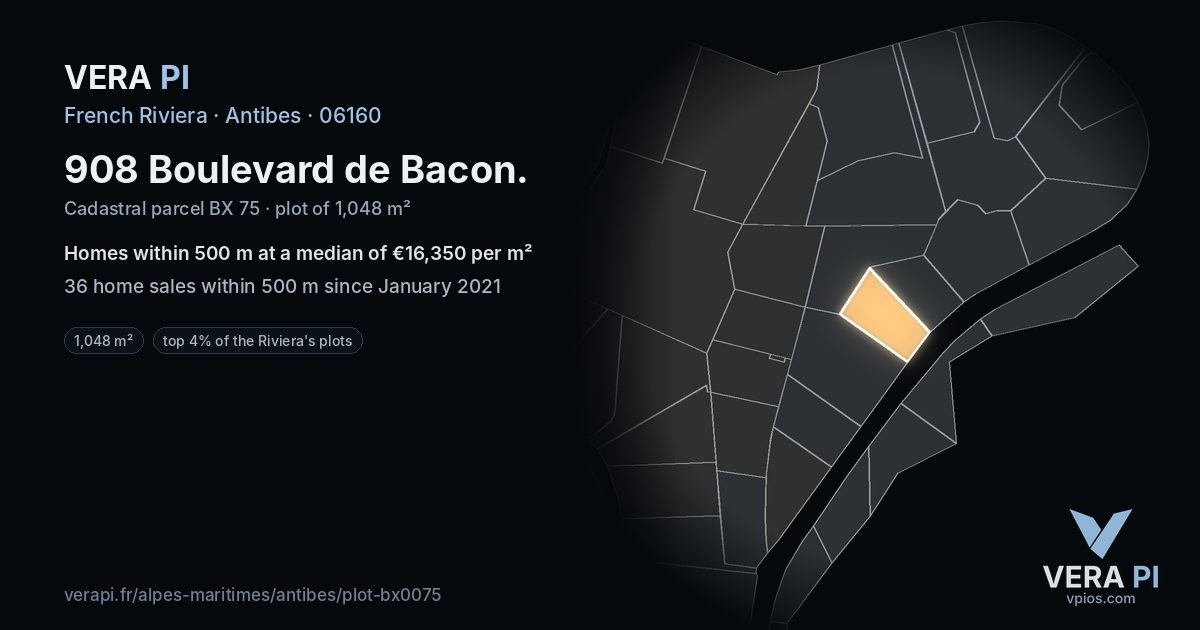 908 Boulevard de Bacon, Antibes at night – the plot lit, the parcels around coloured by the prices near them