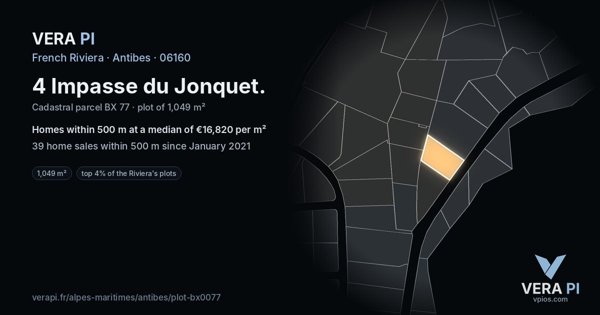 4 Impasse du Jonquet, Antibes at night – the plot lit, the parcels around coloured by the prices near them