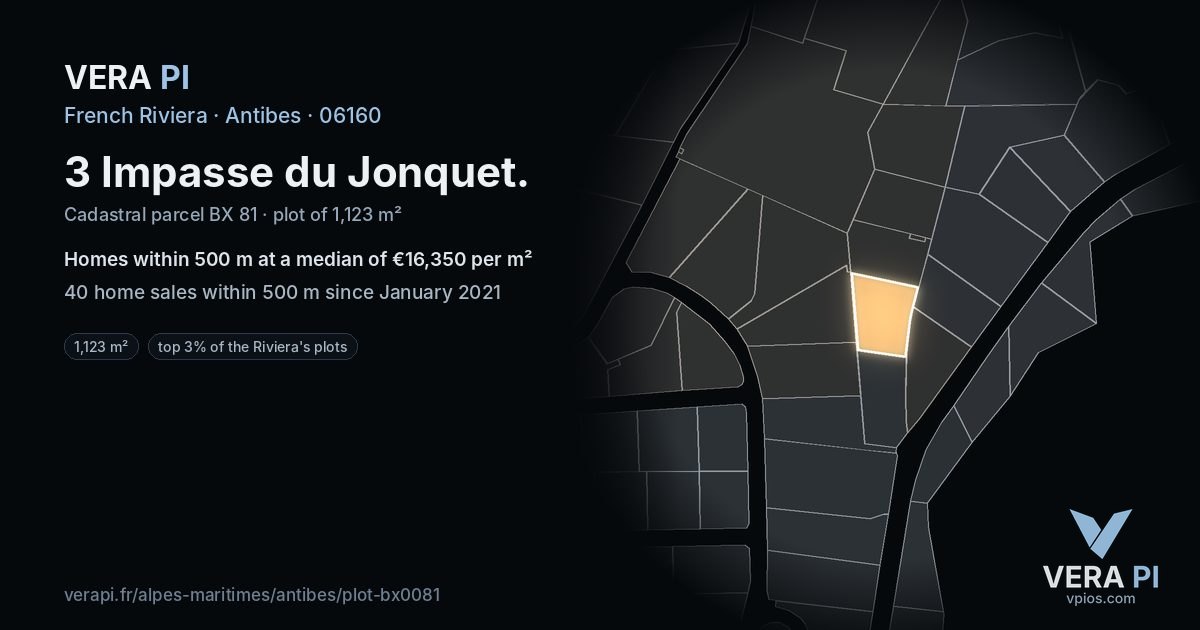 3 Impasse du Jonquet, Antibes at night – the plot lit, the parcels around coloured by the prices near them