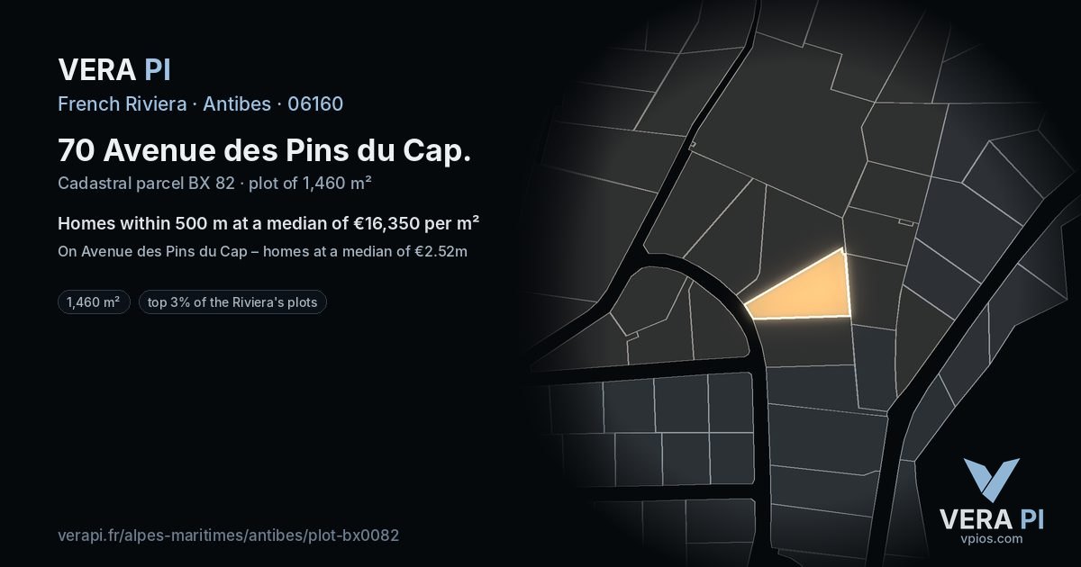 70 Avenue des Pins du Cap, Antibes at night – the plot lit, the parcels around coloured by the prices near them