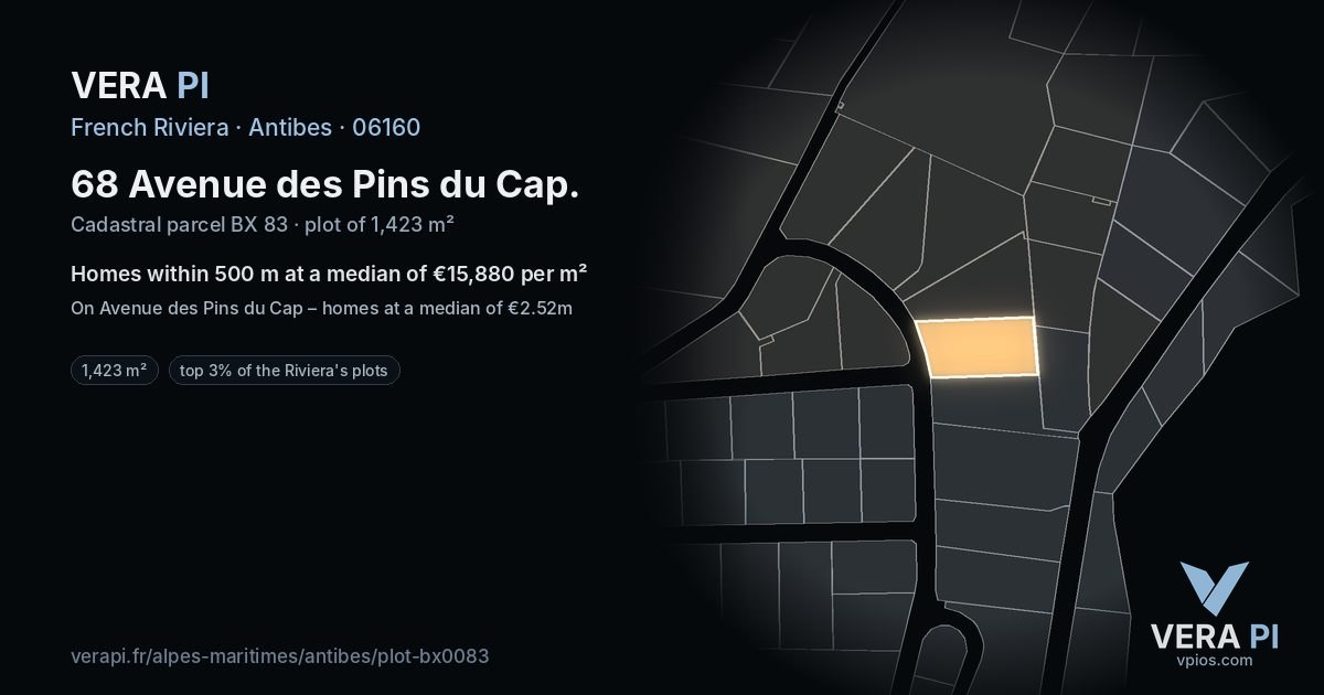 68 Avenue des Pins du Cap, Antibes at night – the plot lit, the parcels around coloured by the prices near them