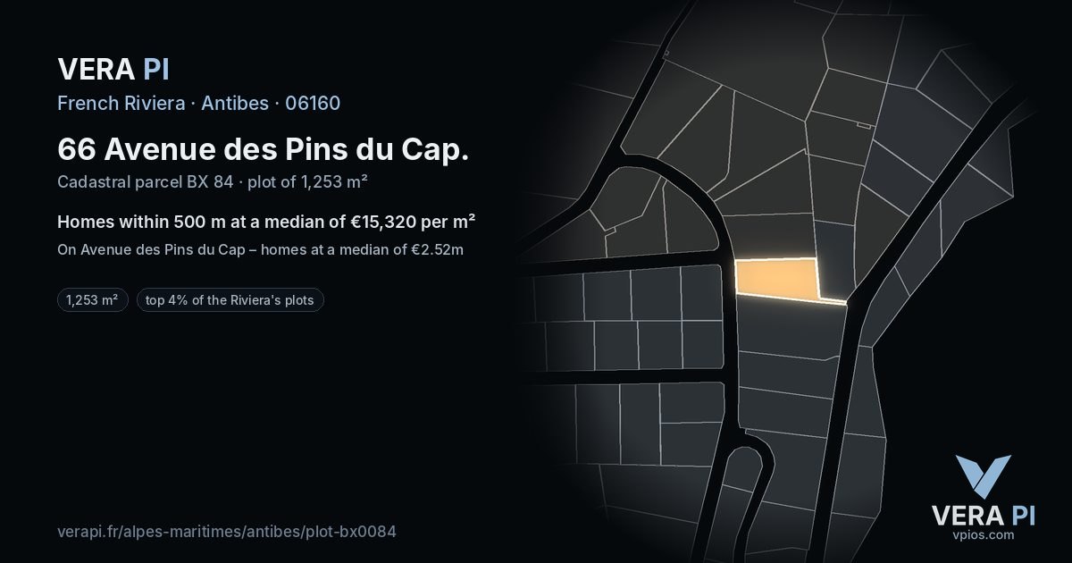 66 Avenue des Pins du Cap, Antibes at night – the plot lit, the parcels around coloured by the prices near them