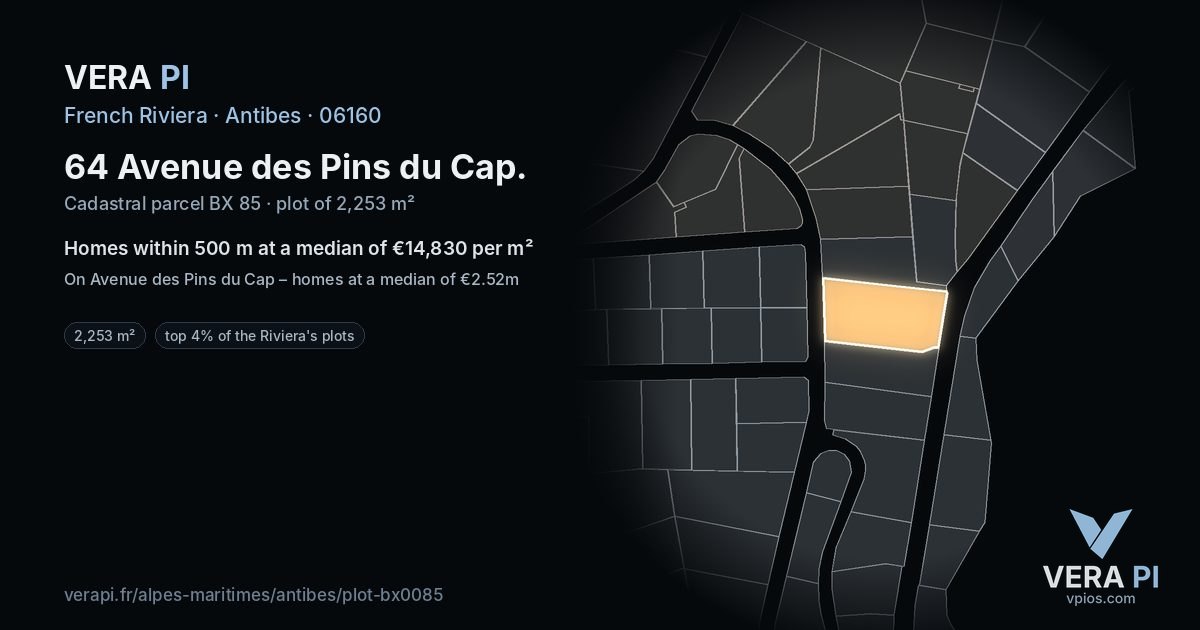 64 Avenue des Pins du Cap, Antibes at night – the plot lit, the parcels around coloured by the prices near them