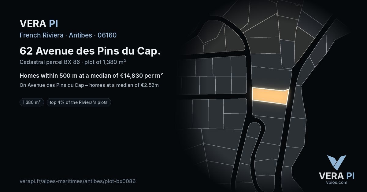 62 Avenue des Pins du Cap, Antibes at night – the plot lit, the parcels around coloured by the prices near them