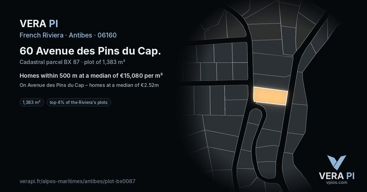 60 Avenue des Pins du Cap, Antibes at night – the plot lit, the parcels around coloured by the prices near them