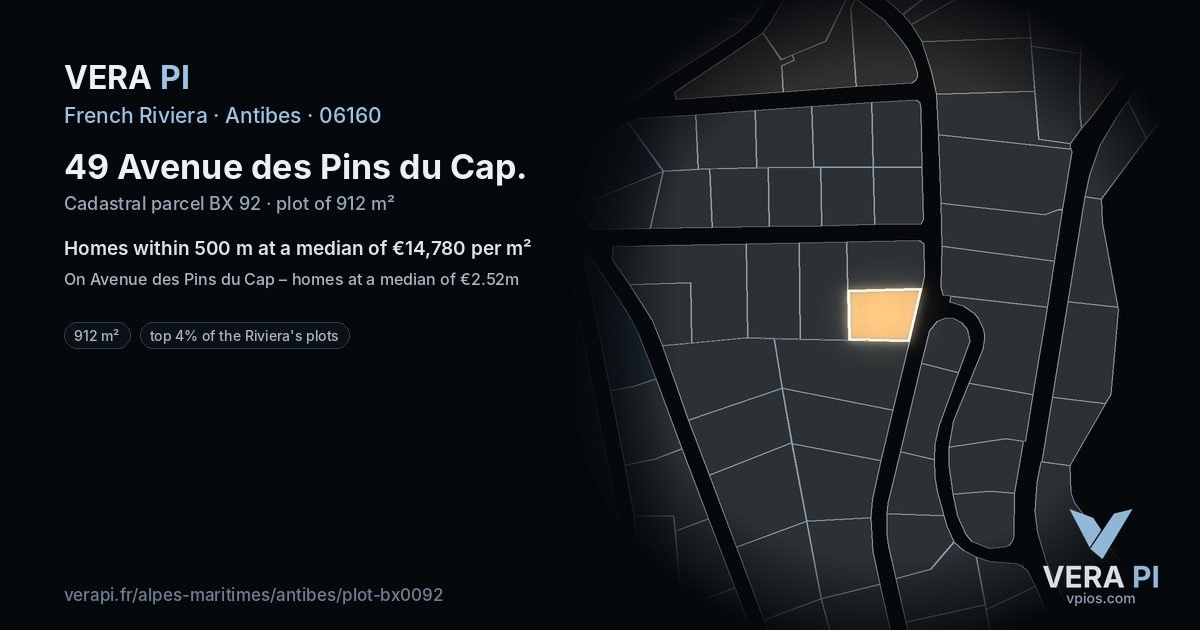 49 Avenue des Pins du Cap, Antibes at night – the plot lit, the parcels around coloured by the prices near them