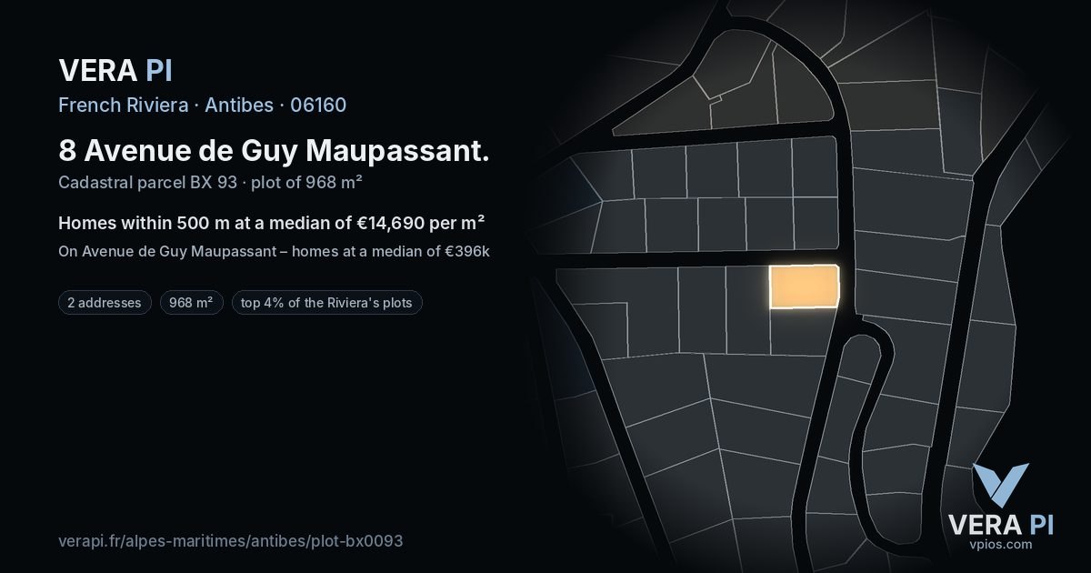 8 Avenue de Guy Maupassant, Antibes at night – the plot lit, the parcels around coloured by the prices near them