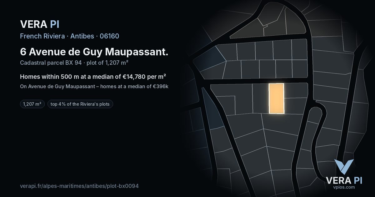 6 Avenue de Guy Maupassant, Antibes at night – the plot lit, the parcels around coloured by the prices near them