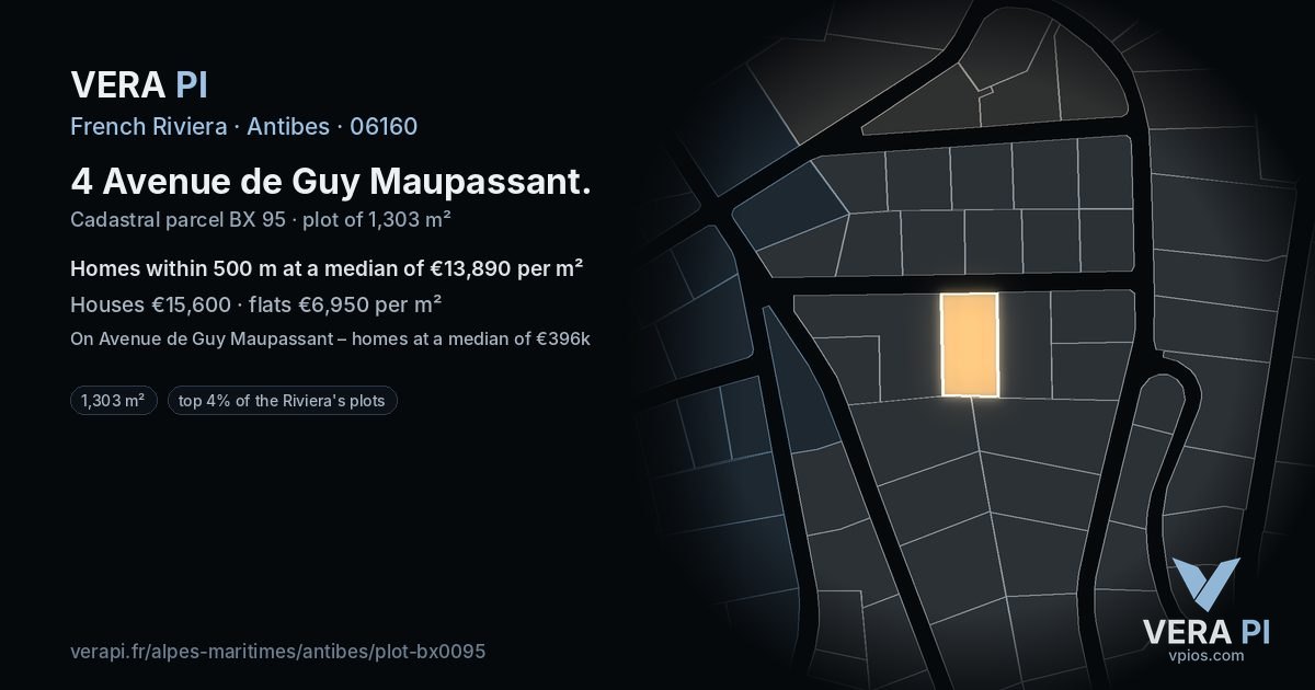 4 Avenue de Guy Maupassant, Antibes at night – the plot lit, the parcels around coloured by the prices near them