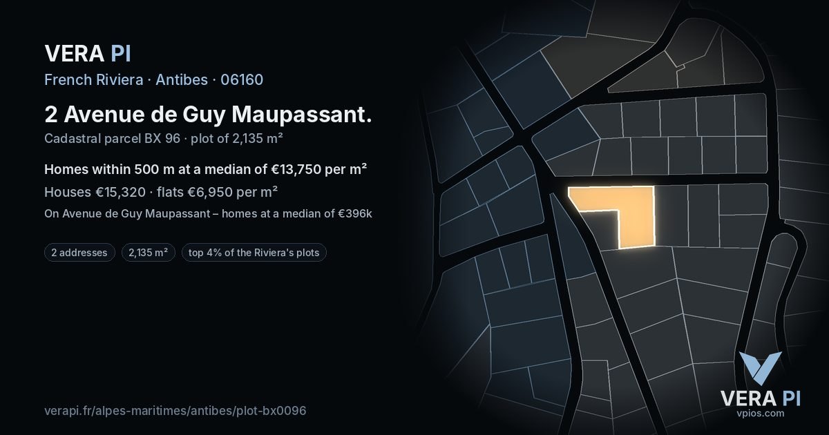 2 Avenue de Guy Maupassant, Antibes at night – the plot lit, the parcels around coloured by the prices near them