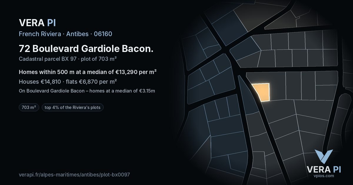 72 Boulevard Gardiole Bacon, Antibes at night – the plot lit, the parcels around coloured by the prices near them
