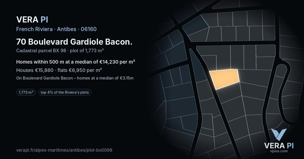 70 Boulevard Gardiole Bacon, Antibes at night – the plot lit, the parcels around coloured by the prices near them