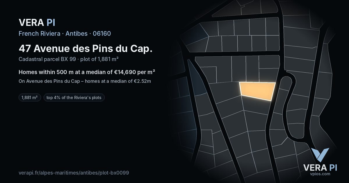 47 Avenue des Pins du Cap, Antibes at night – the plot lit, the parcels around coloured by the prices near them