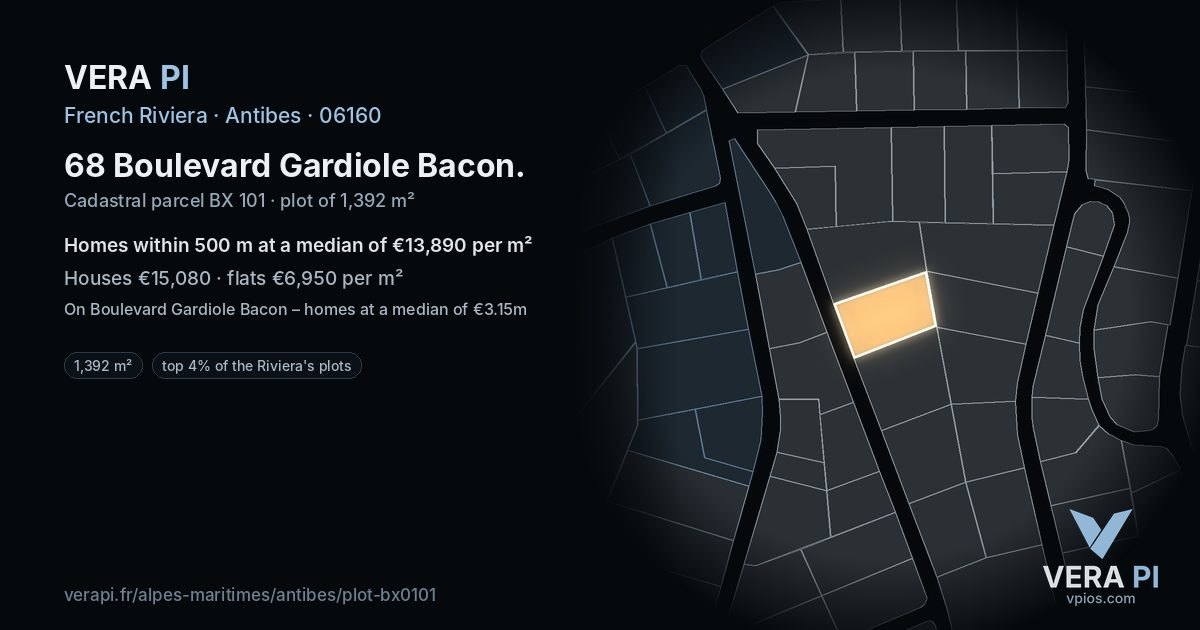 68 Boulevard Gardiole Bacon, Antibes at night – the plot lit, the parcels around coloured by the prices near them