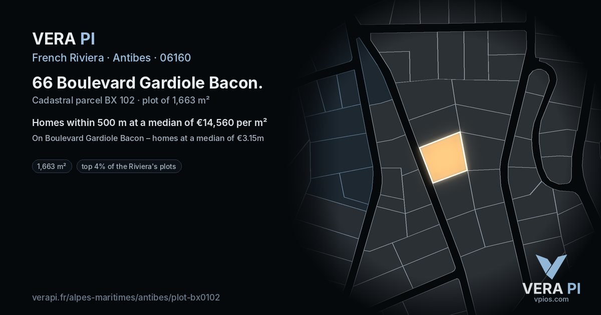 66 Boulevard Gardiole Bacon, Antibes at night – the plot lit, the parcels around coloured by the prices near them