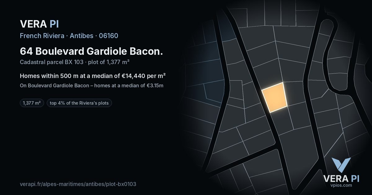 64 Boulevard Gardiole Bacon, Antibes at night – the plot lit, the parcels around coloured by the prices near them