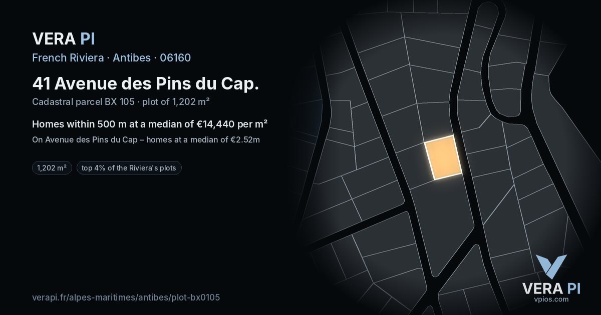 41 Avenue des Pins du Cap, Antibes at night – the plot lit, the parcels around coloured by the prices near them