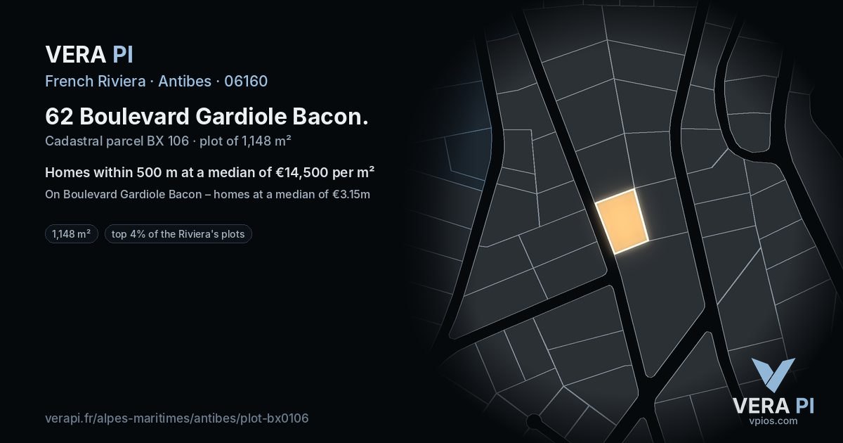 62 Boulevard Gardiole Bacon, Antibes at night – the plot lit, the parcels around coloured by the prices near them