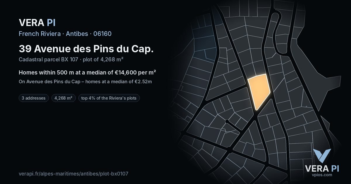 39 Avenue des Pins du Cap, Antibes at night – the plot lit, the parcels around coloured by the prices near them