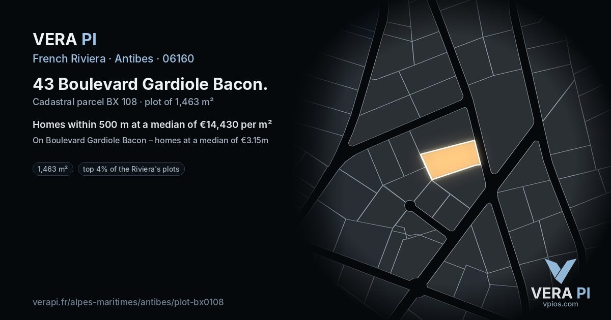 43 Boulevard Gardiole Bacon, Antibes at night – the plot lit, the parcels around coloured by the prices near them
