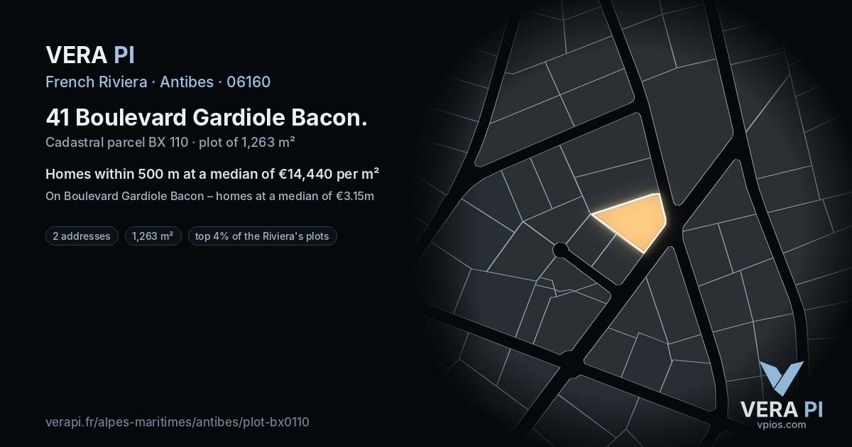 41 Boulevard Gardiole Bacon, Antibes at night – the plot lit, the parcels around coloured by the prices near them