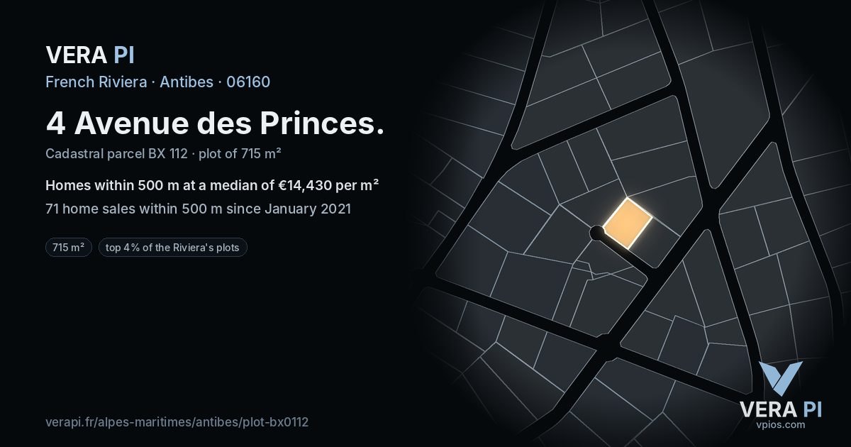 4 Avenue des Princes, Antibes at night – the plot lit, the parcels around coloured by the prices near them