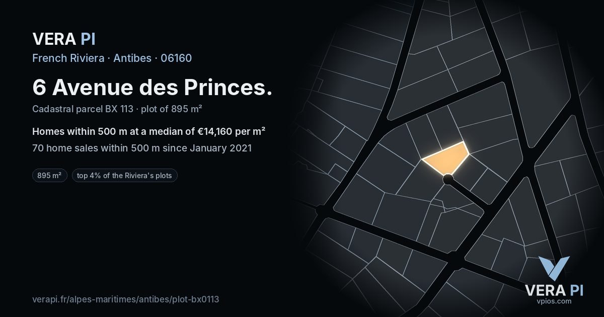 6 Avenue des Princes, Antibes at night – the plot lit, the parcels around coloured by the prices near them