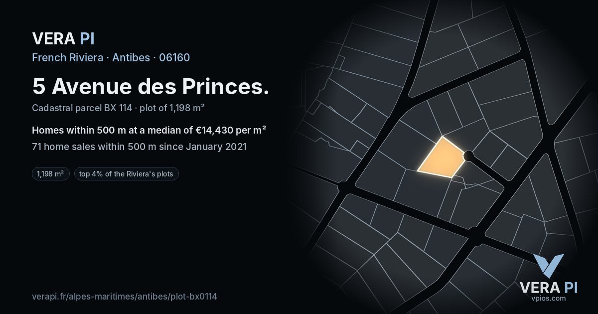 5 Avenue des Princes, Antibes at night – the plot lit, the parcels around coloured by the prices near them