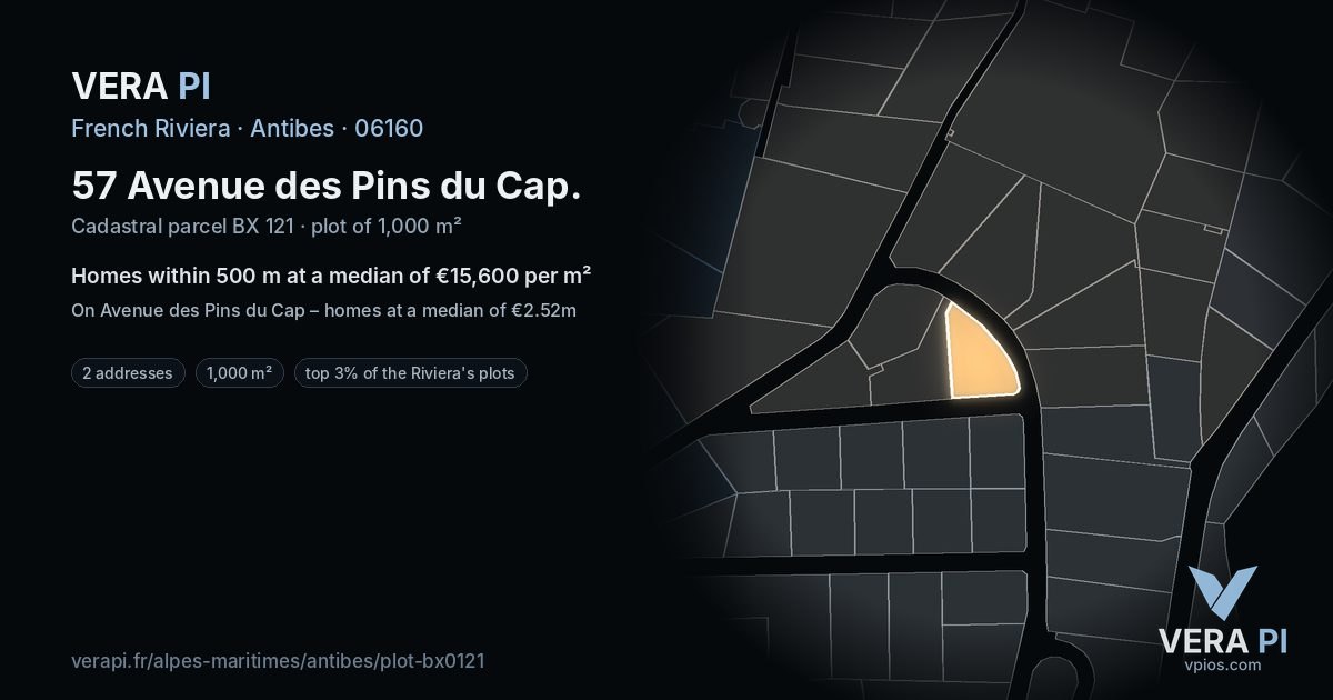 57 Avenue des Pins du Cap, Antibes at night – the plot lit, the parcels around coloured by the prices near them