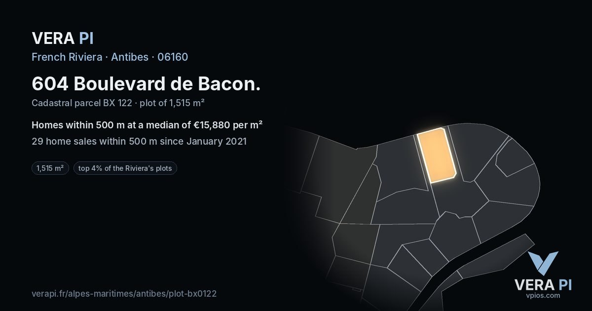 604 Boulevard de Bacon, Antibes at night – the plot lit, the parcels around coloured by the prices near them
