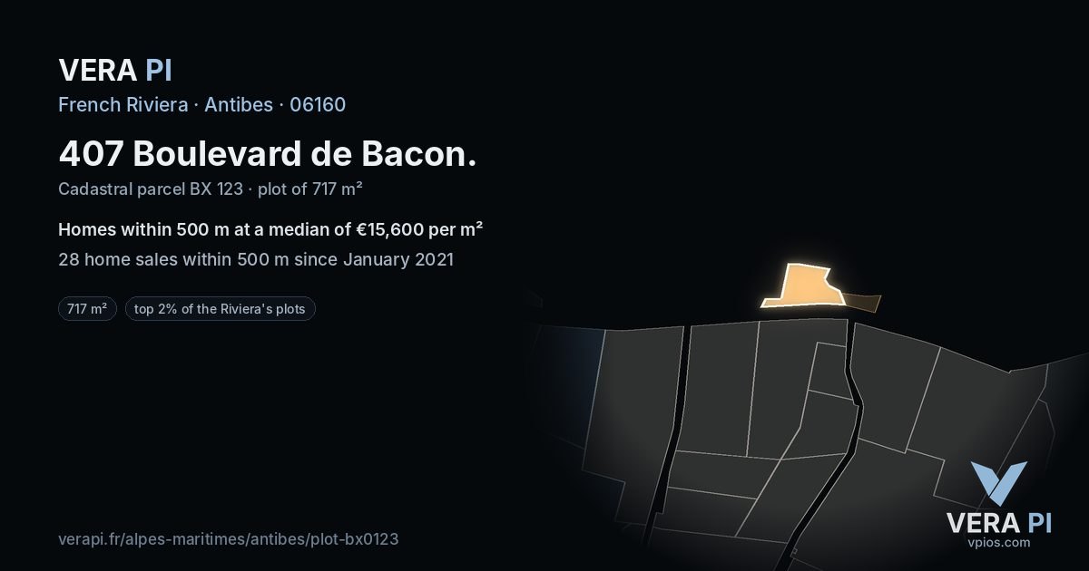 407 Boulevard de Bacon, Antibes at night – the plot lit, the parcels around coloured by the prices near them