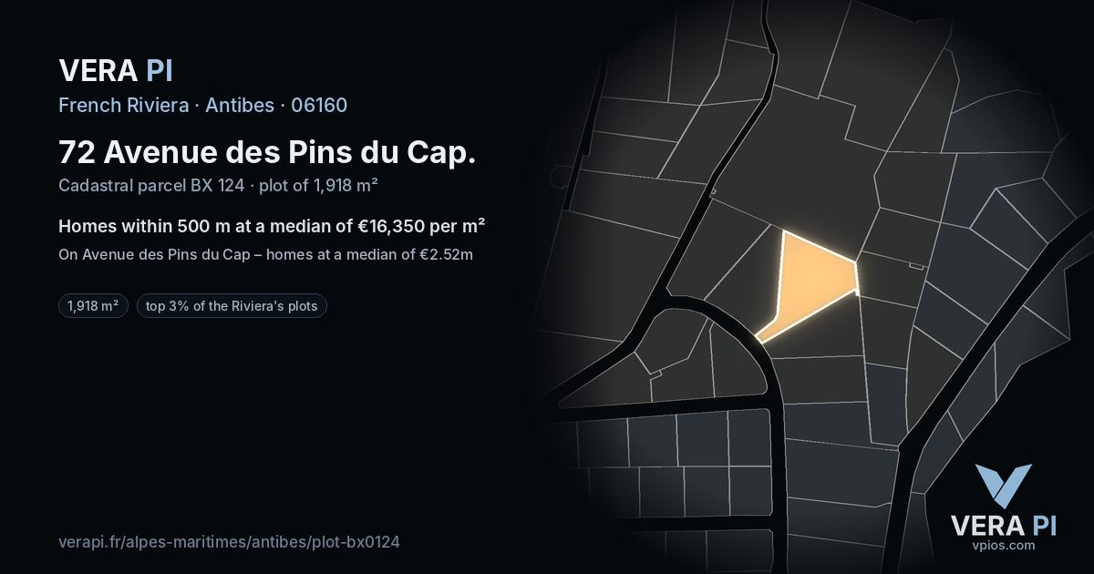 72 Avenue des Pins du Cap, Antibes at night – the plot lit, the parcels around coloured by the prices near them