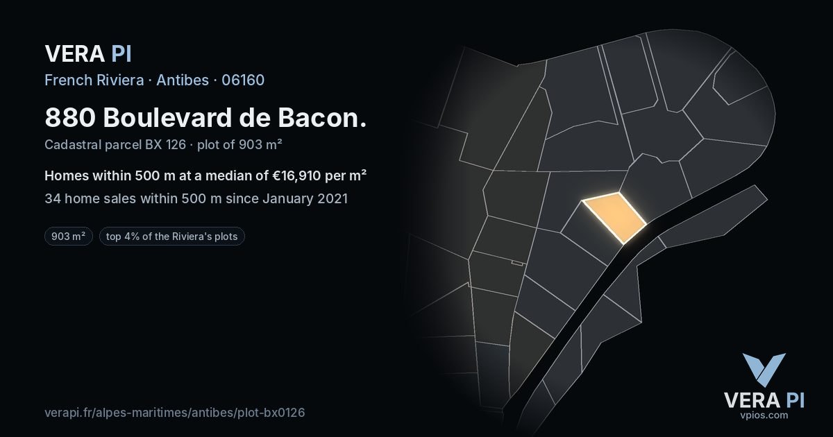 880 Boulevard de Bacon, Antibes at night – the plot lit, the parcels around coloured by the prices near them
