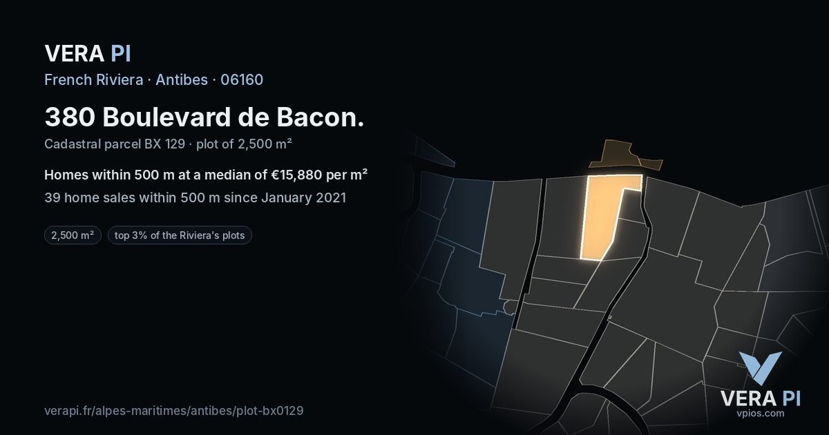 380 Boulevard de Bacon, Antibes at night – the plot lit, the parcels around coloured by the prices near them