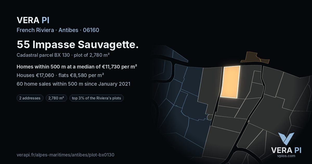 55 Impasse Sauvagette, Antibes at night – the plot lit, the parcels around coloured by the prices near them