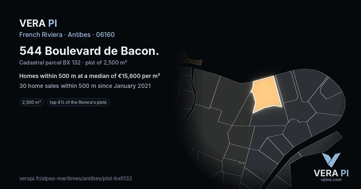 544 Boulevard de Bacon, Antibes at night – the plot lit, the parcels around coloured by the prices near them