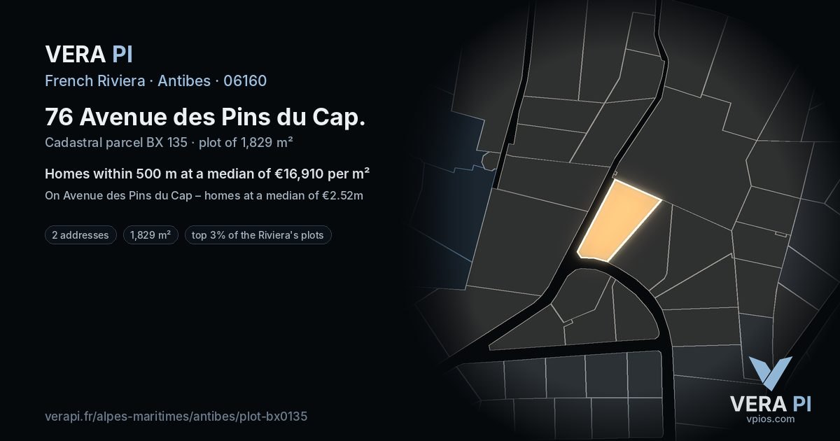 76 Avenue des Pins du Cap, Antibes at night – the plot lit, the parcels around coloured by the prices near them