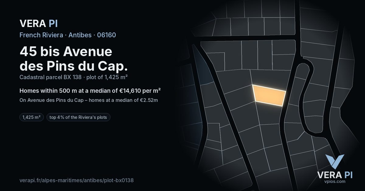 45 bis Avenue des Pins du Cap, Antibes at night – the plot lit, the parcels around coloured by the prices near them