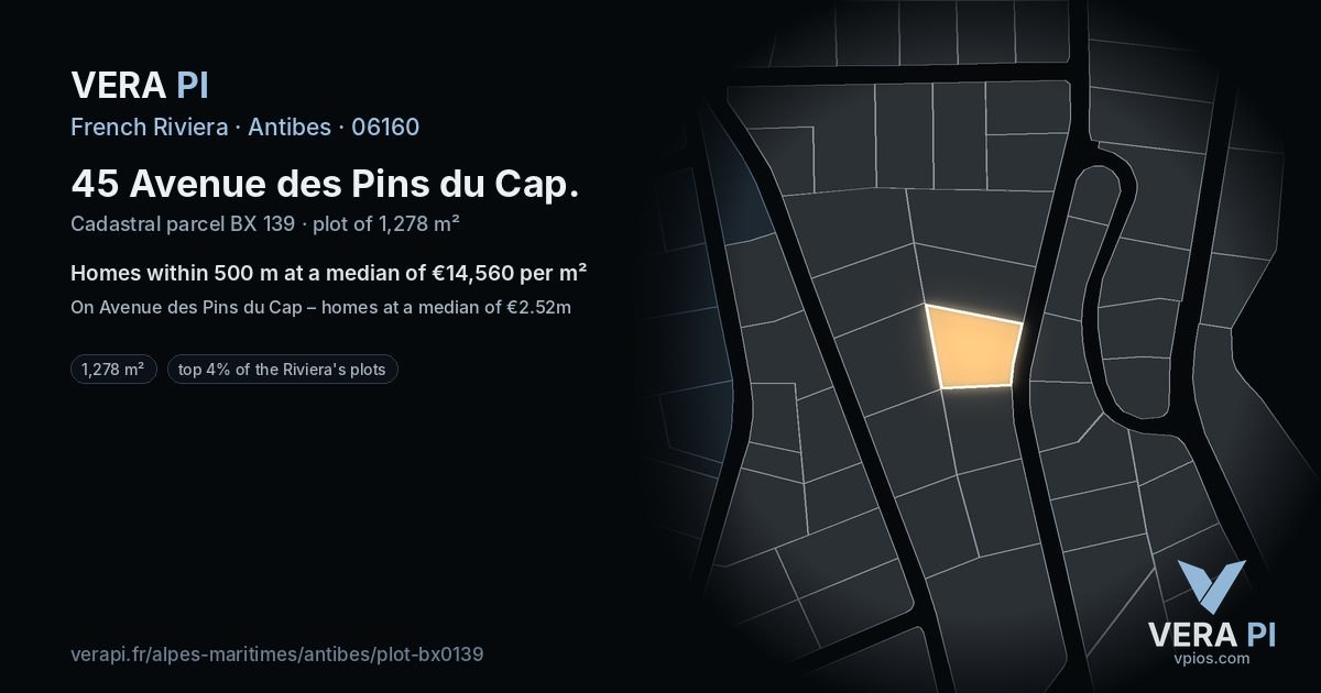 45 Avenue des Pins du Cap, Antibes at night – the plot lit, the parcels around coloured by the prices near them