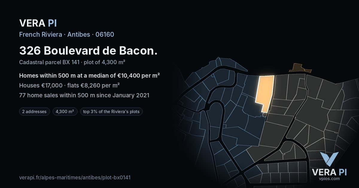326 Boulevard de Bacon, Antibes at night – the plot lit, the parcels around coloured by the prices near them