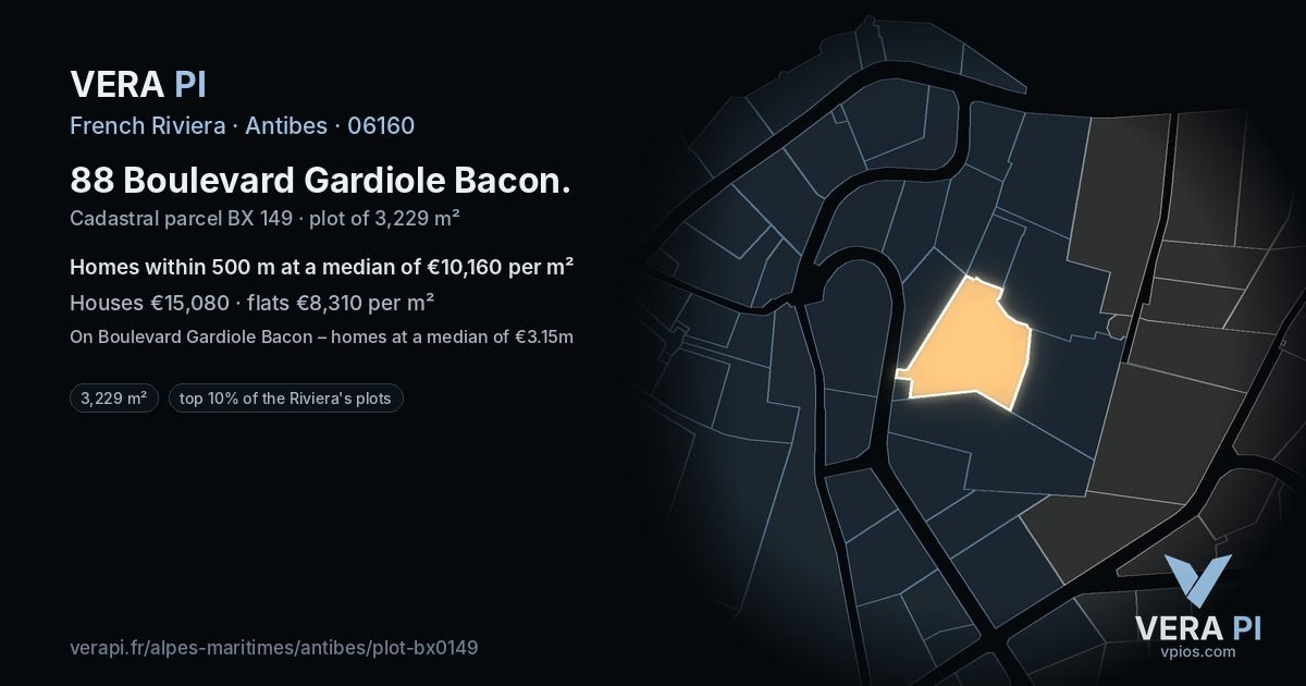 88 Boulevard Gardiole Bacon, Antibes at night – the plot lit, the parcels around coloured by the prices near them