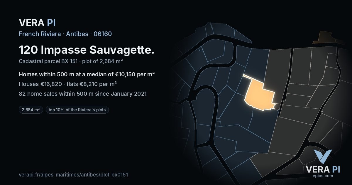 120 Impasse Sauvagette, Antibes at night – the plot lit, the parcels around coloured by the prices near them