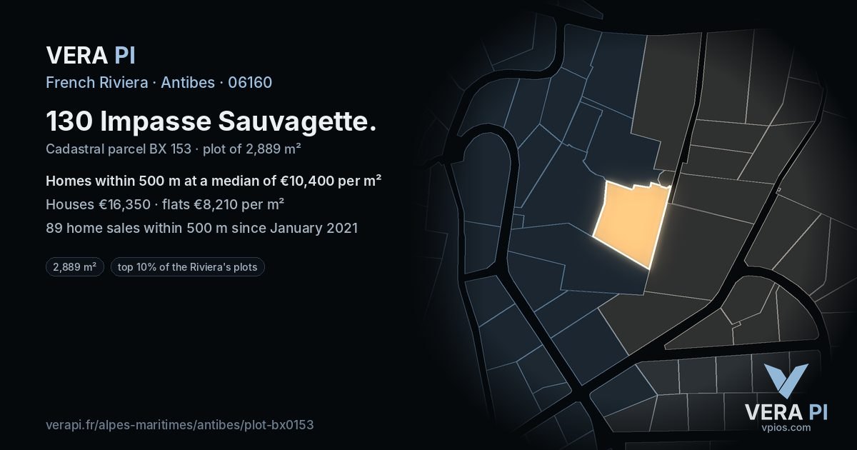 130 Impasse Sauvagette, Antibes at night – the plot lit, the parcels around coloured by the prices near them