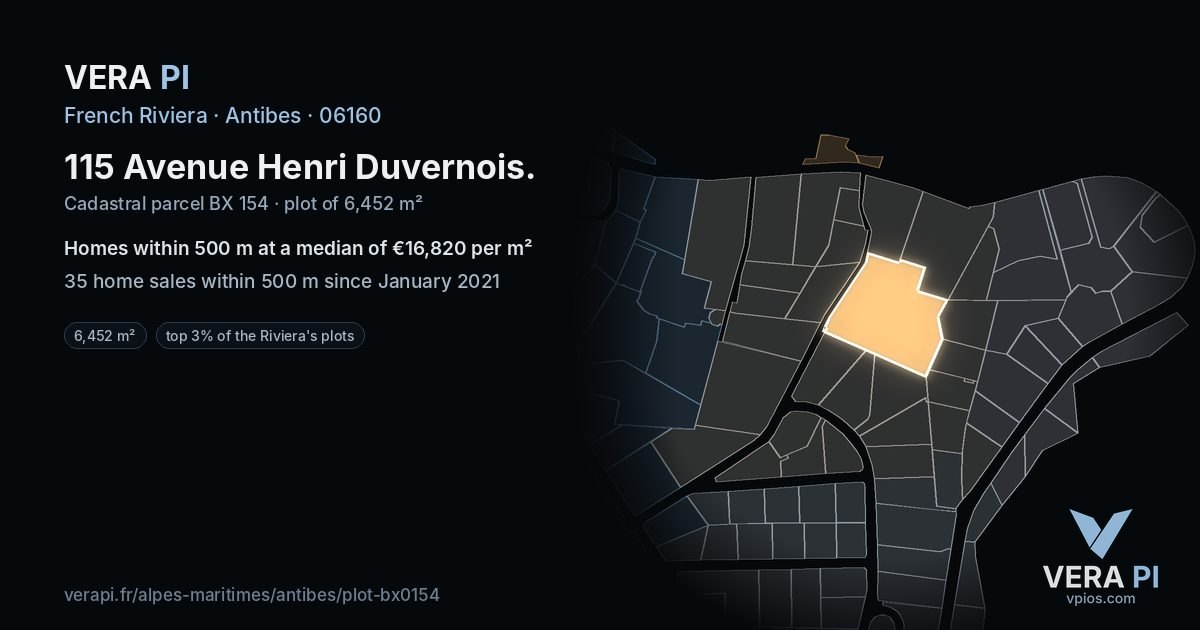 115 Avenue Henri Duvernois, Antibes at night – the plot lit, the parcels around coloured by the prices near them