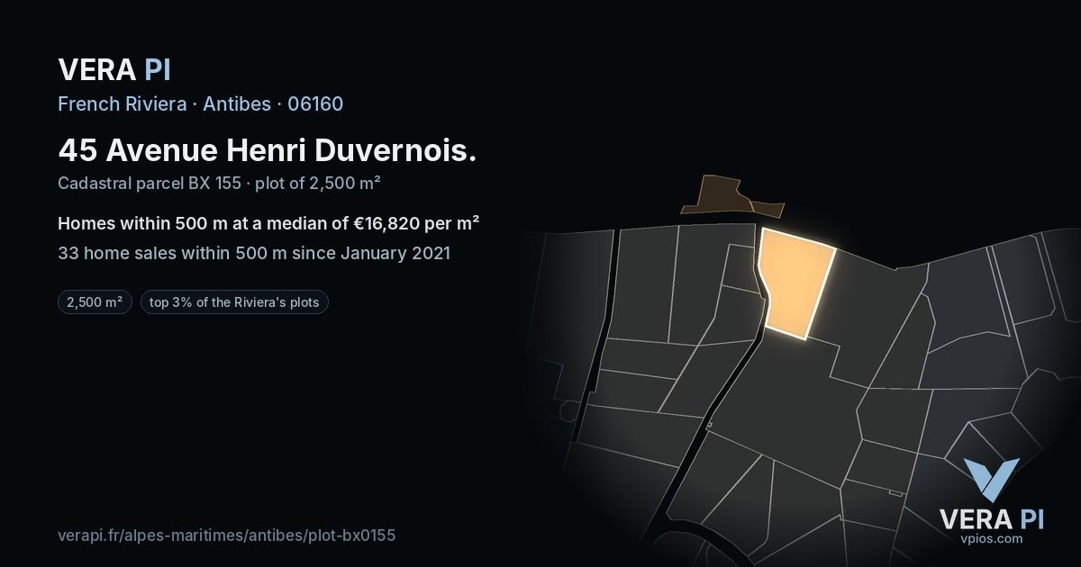45 Avenue Henri Duvernois, Antibes at night – the plot lit, the parcels around coloured by the prices near them