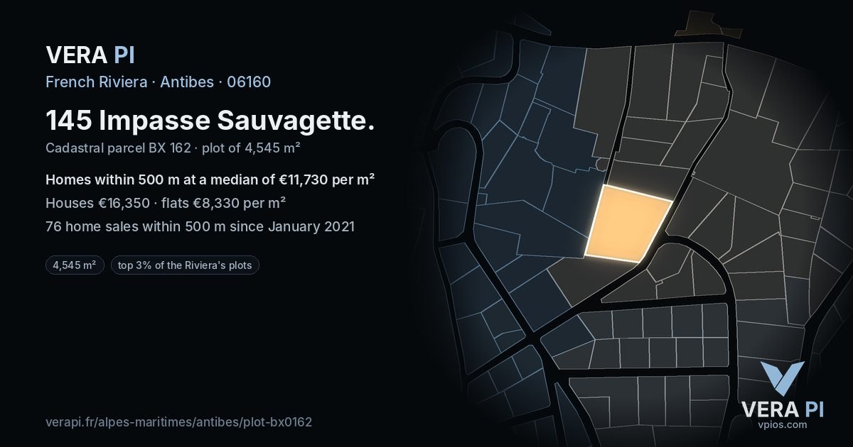 145 Impasse Sauvagette, Antibes at night – the plot lit, the parcels around coloured by the prices near them