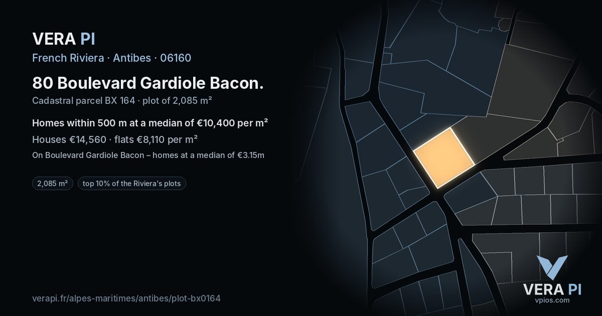 80 Boulevard Gardiole Bacon, Antibes at night – the plot lit, the parcels around coloured by the prices near them