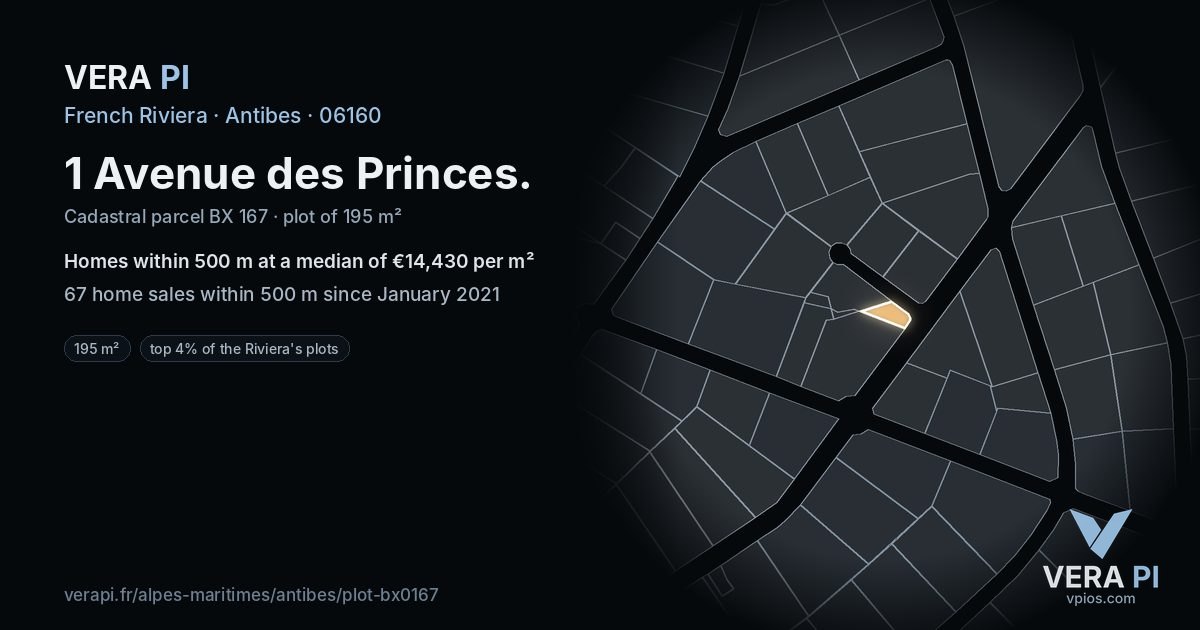 1 Avenue des Princes, Antibes at night – the plot lit, the parcels around coloured by the prices near them