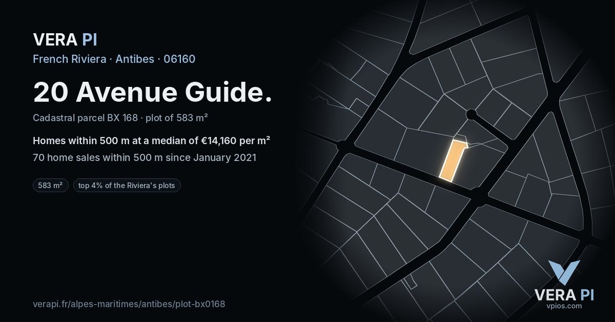 20 Avenue Guide, Antibes at night – the plot lit, the parcels around coloured by the prices near them